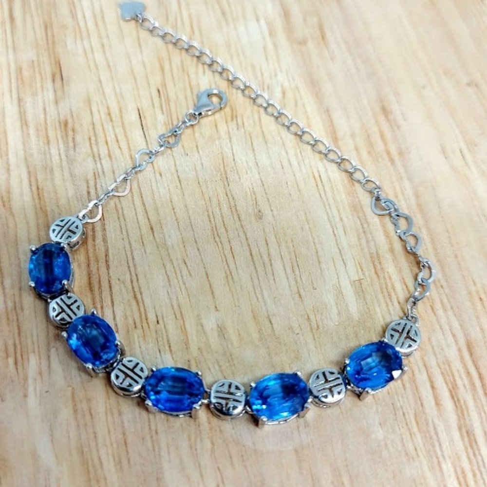 Natural Oval Kyanite & Cz 925 Sterling Silver Bracelet